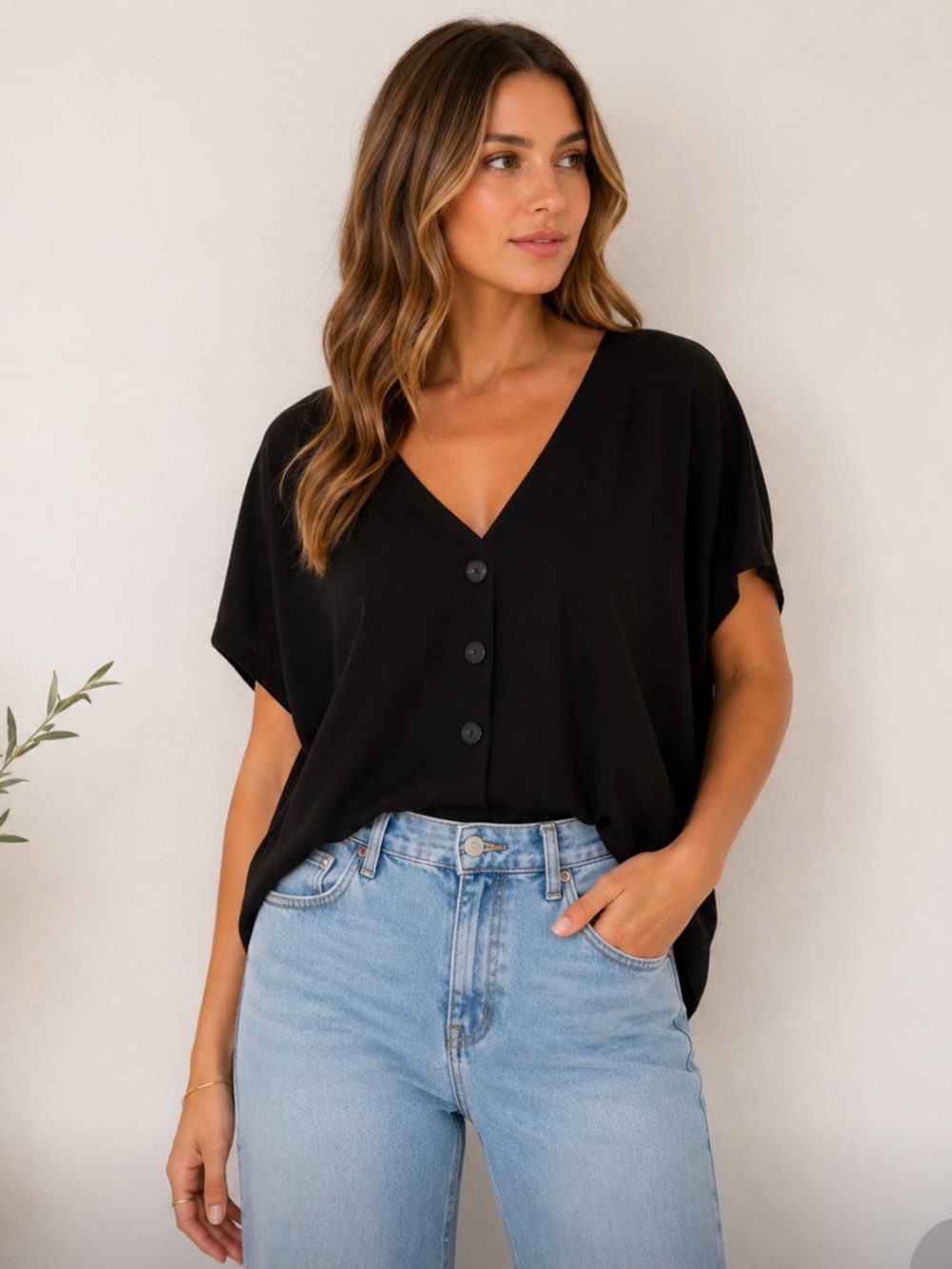 Topshop Black Button-Front Cropped Blouse Sz 6